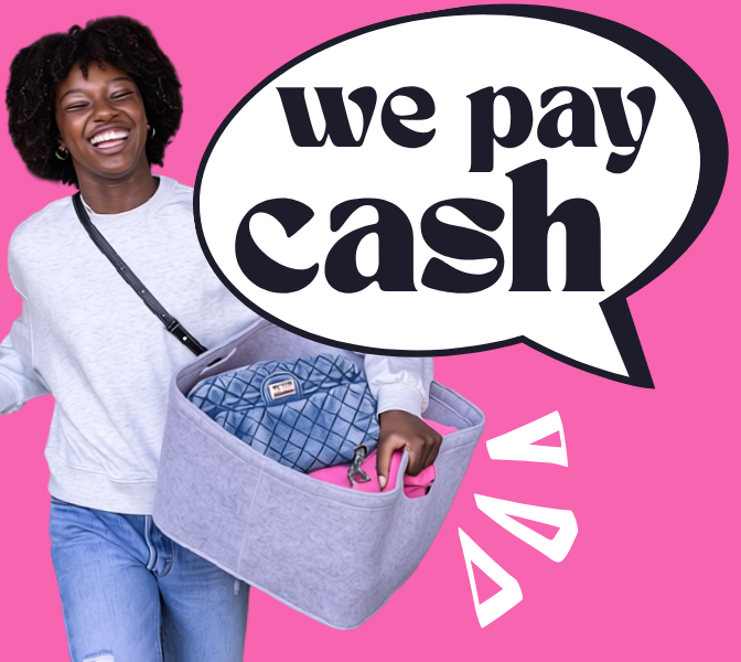 pink background with image of woman holding a bin of clothes. Text reads 